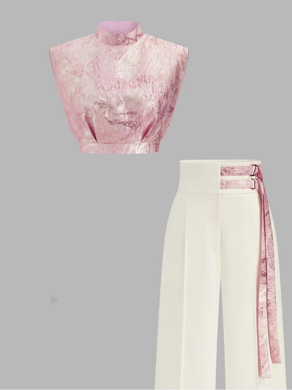 Commense Pink Metallic Crop Top with Cream Wide-Leg Pants and Pink Sash